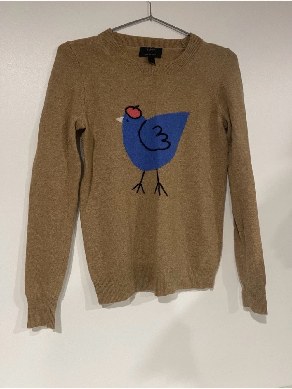 J. Crew Camel Cashmere Sweater with Blue French Hen size XS